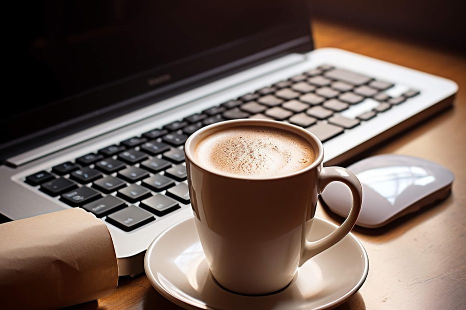 Bekerja dengan laptop di meja kafe